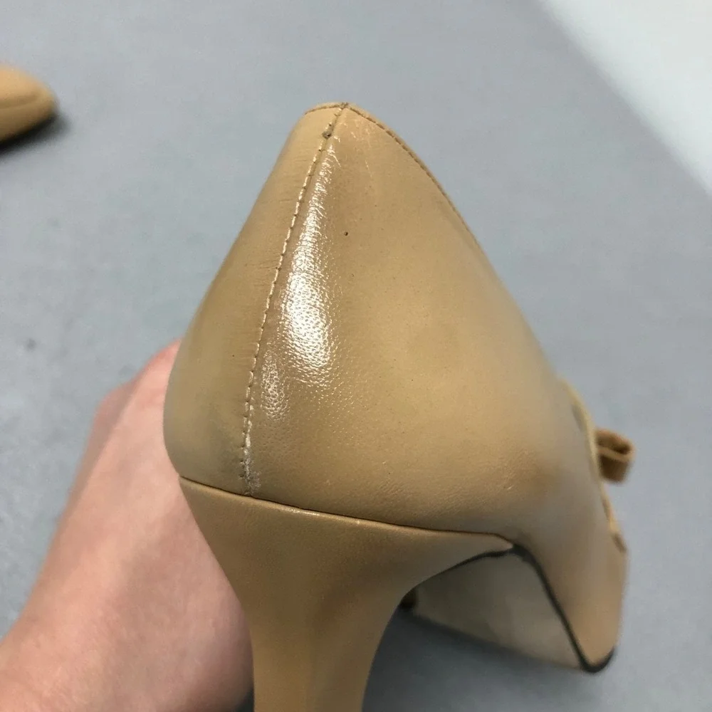 Vintage Apart Leather Pumps Womens 8.5 Beige Bow‎ Square Toe Business Career
